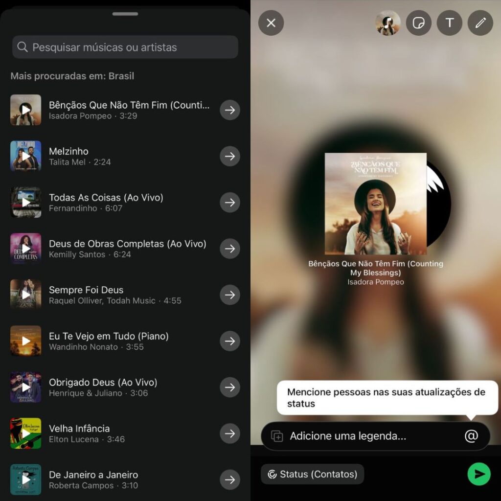 colocar música no status do whatsapp