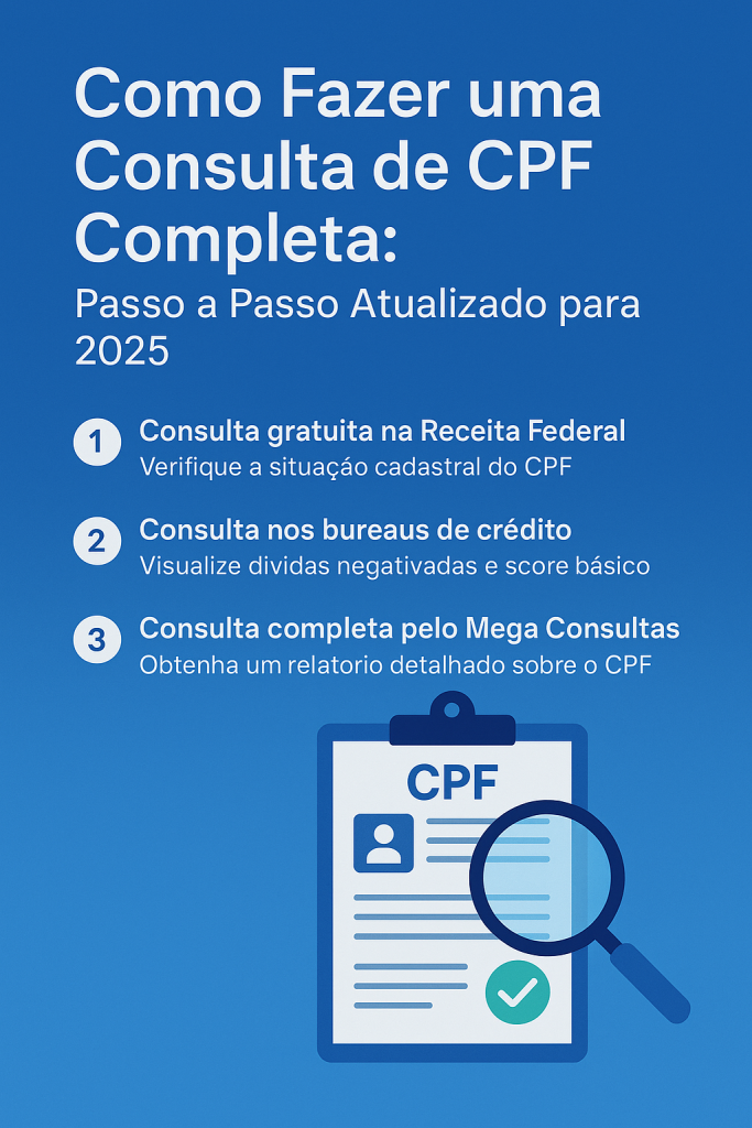 5 ideias de títulos:
1. Como Consultar seu CPF Grátis: Guia Completo dos Canais Oficiais
2. CPF Irregular? Saiba Como Regularizar sua Situação Cadastral
3. Dívidas no CPF: Descubra Como Renegociar e Limpar seu Nome
4. Consulta de CPF para Empresas: Validação e Segurança de Dados
5. Proteja-se de Golpes: Dicas Essenciais para Consultar seu CPF com Segurança