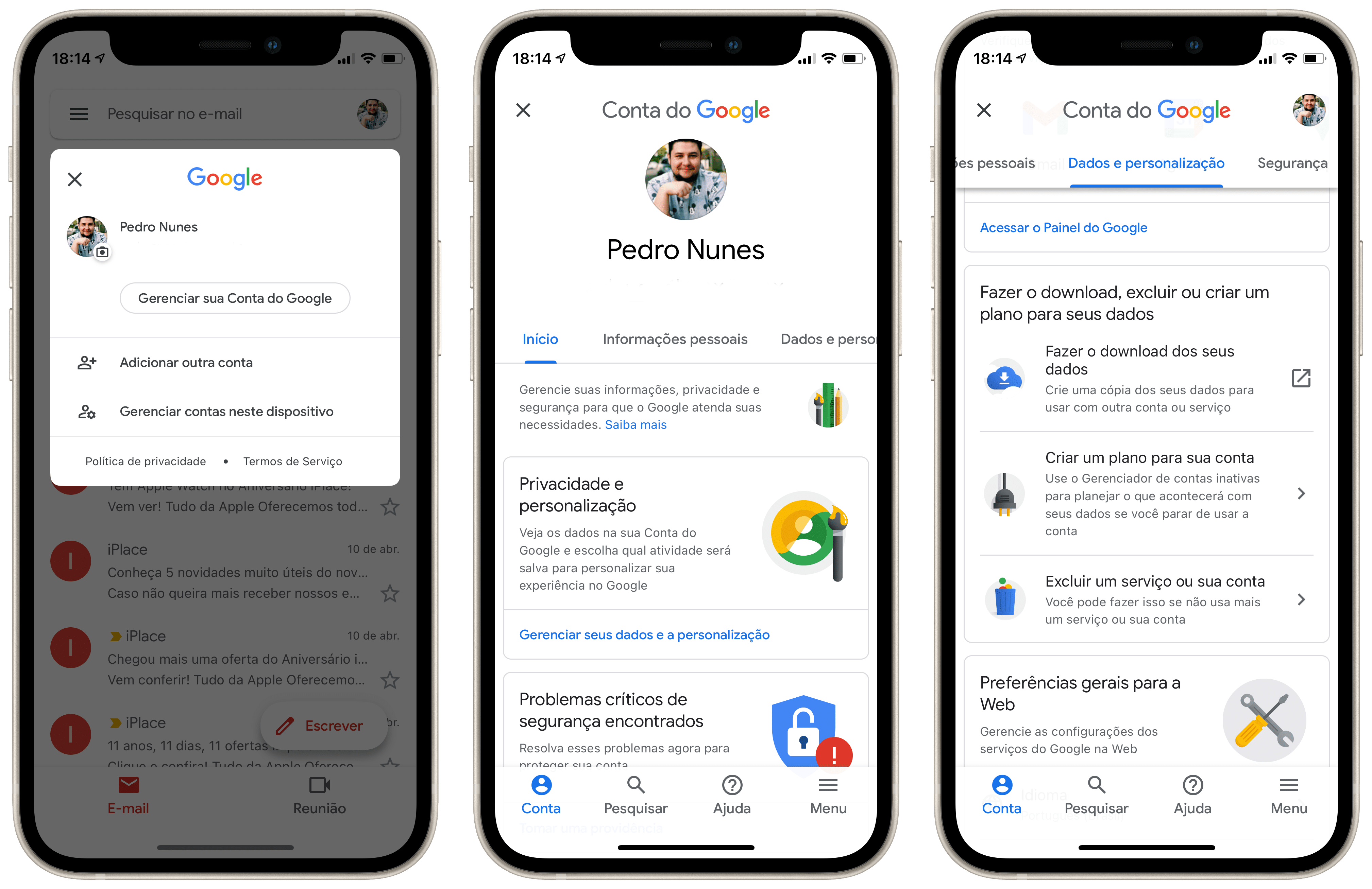 excluir conta do google
